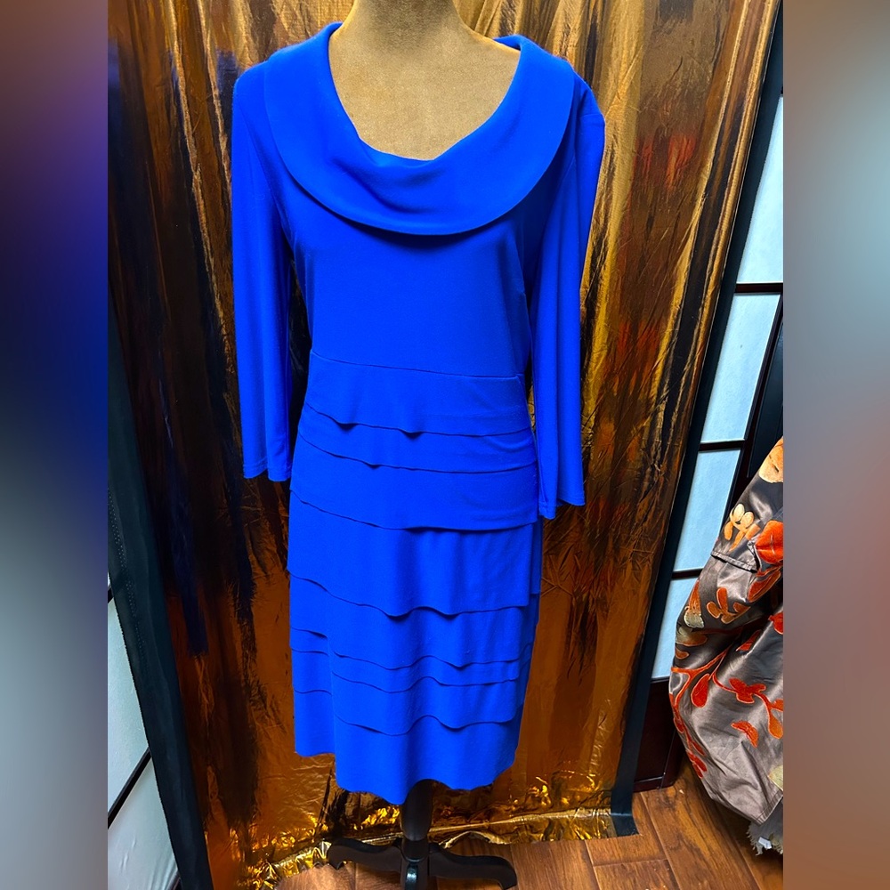 Joseph Ribkoff elegant  Blue Cowl Neck Dress size 10 couture